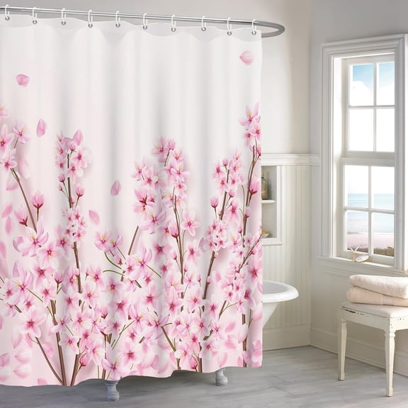 72x84 Inches Pink Cherry Blossom Shower Curtain – Spring Pink Peach Floral Branches with Flower Buds – Waterproof Polyester Fabric Bath Decor with Hooks – Transform Your Bathroom into a Blossoming