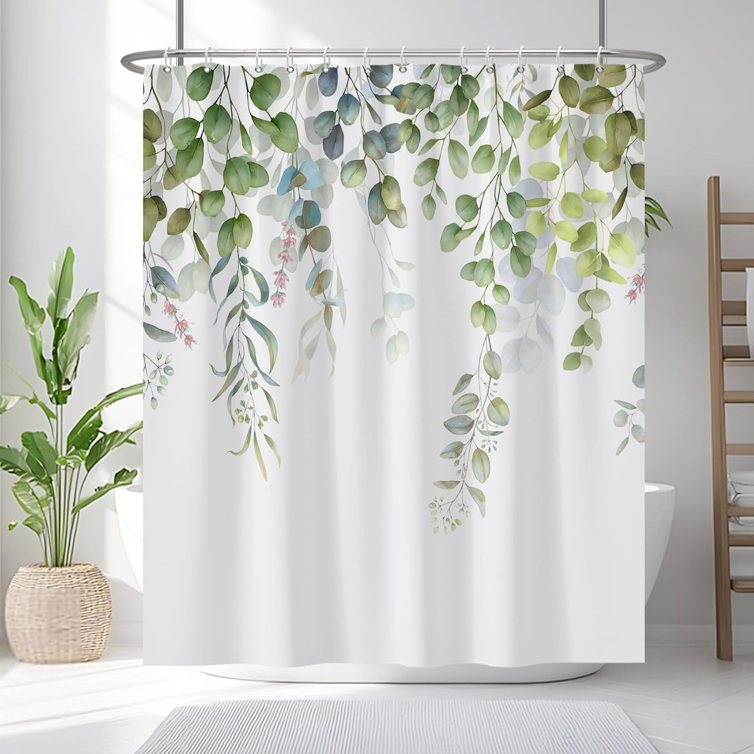 72x84 Inches Sage Green Leaves Shower Curtain Watercolor Eucalyptus Leaf Floral Plant Bath Curtain Botanical Fabric Shower Curtain for Bathroom Decor Set Polyester Waterproof with Hooks
