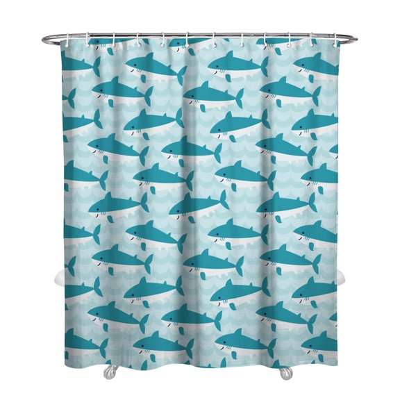 72x84in Cute Cartoon Shark Splash Shower Curtain, Durable Waterproof Polyester with Hook Set, Fun Underwater Theme for Children’s Bathroom, Daycare, or Coastal Home Decor