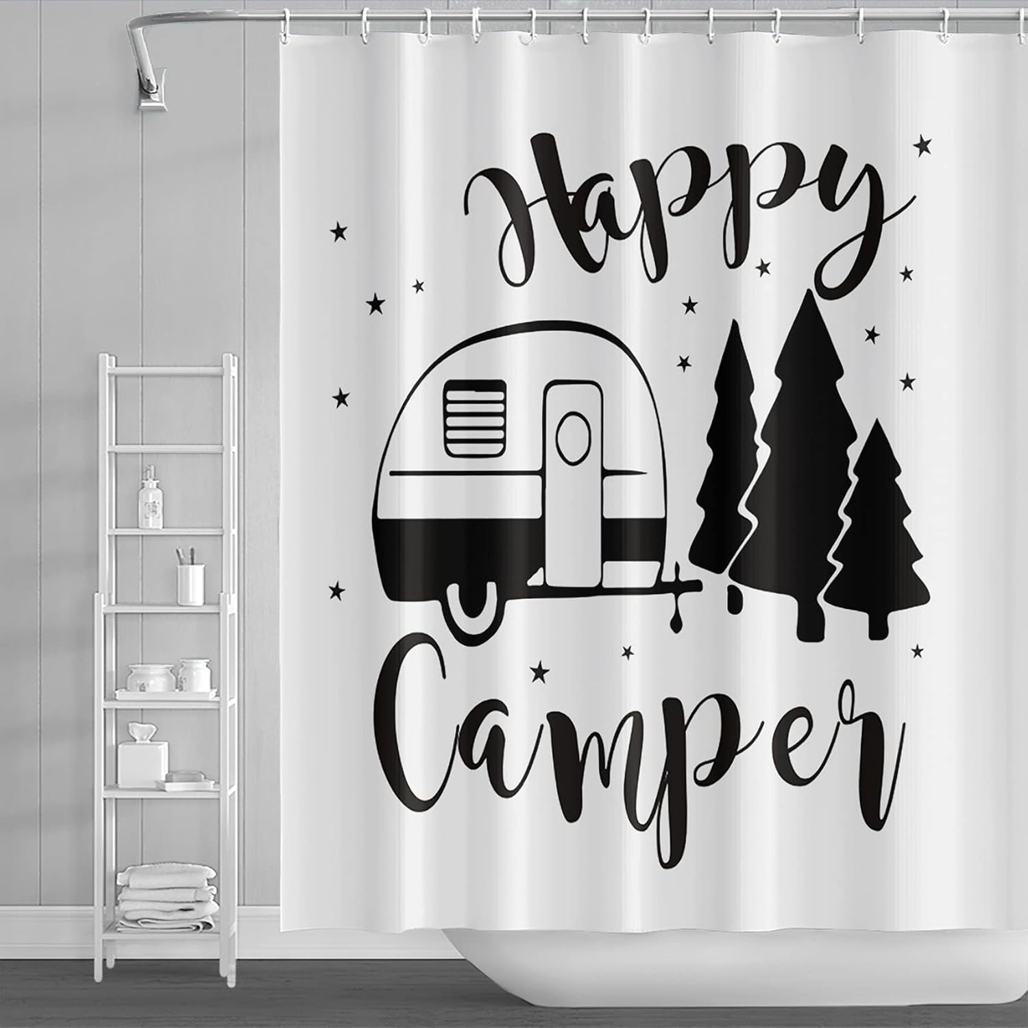 72x84inch Happy Camper RV Shower Curtain for Camper Trailer Forest