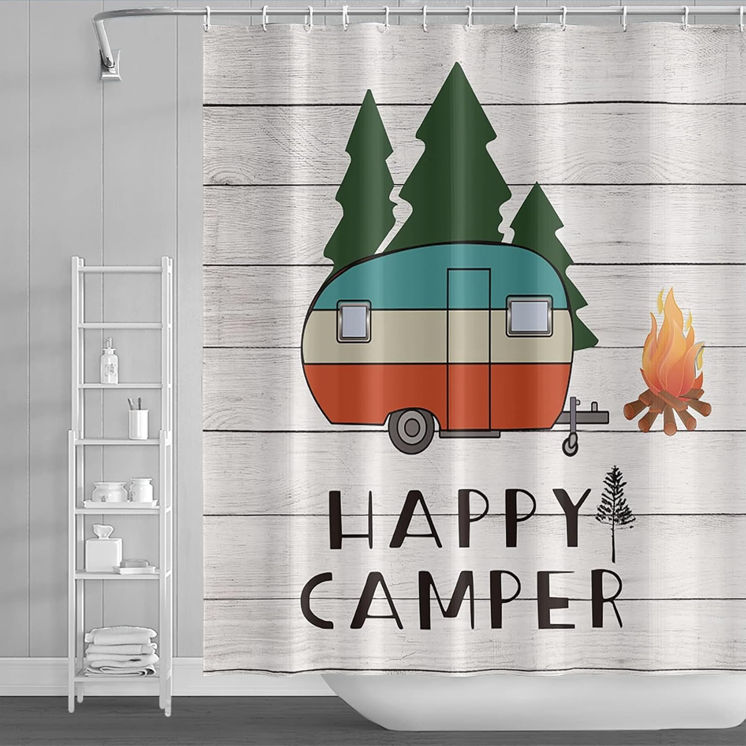 72x84inch Happy Camper Shower Curtain Cartoon Camper Trailer Bonfire Outdoor Adventure Theme Bath Curtain for Bathroom Decor Beige Wood Board Waterproof Fabric Bathroom Set Hooks Included
