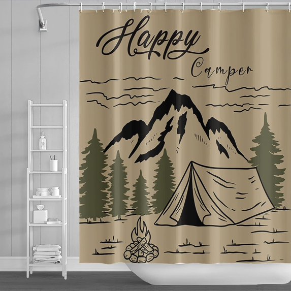 72x84inch RV Shower Curtain Sets Happy Camper Shower Curtain Outdoor Camping Adventure Camper Trailer Forest Camping RV Bathroom Curtain Khaki Decor Bathroom Set Hooks Included Waterproof