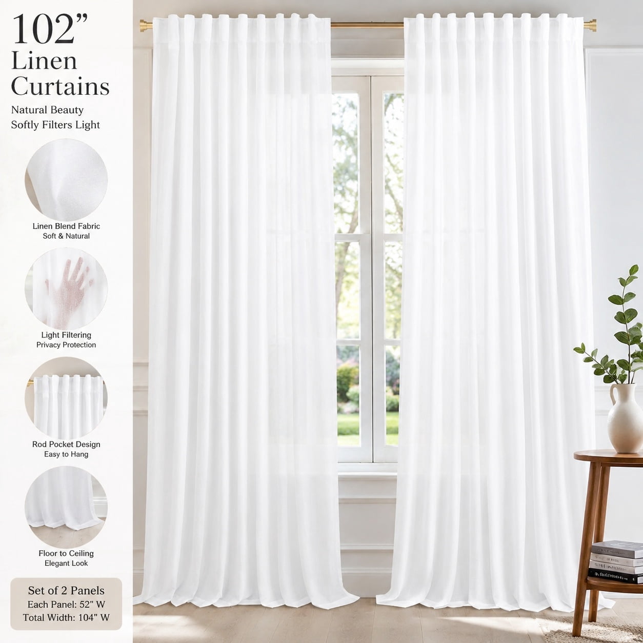 72x90 Inch Linen Blend Sheer Curtains with Back Tab, Lightweight Window ...