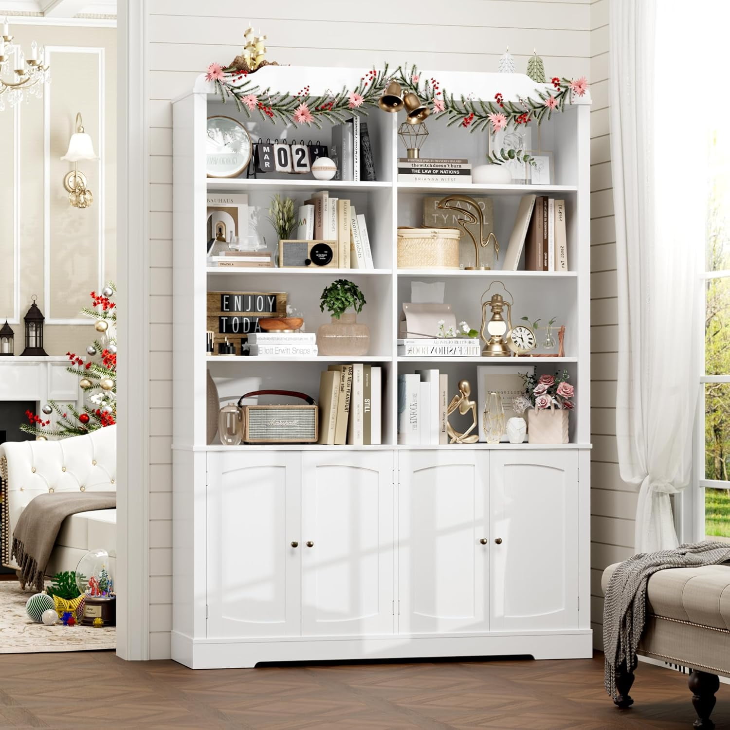 73.1" Bookcase with Doors,6 Tier Large Bookshelf with Storage