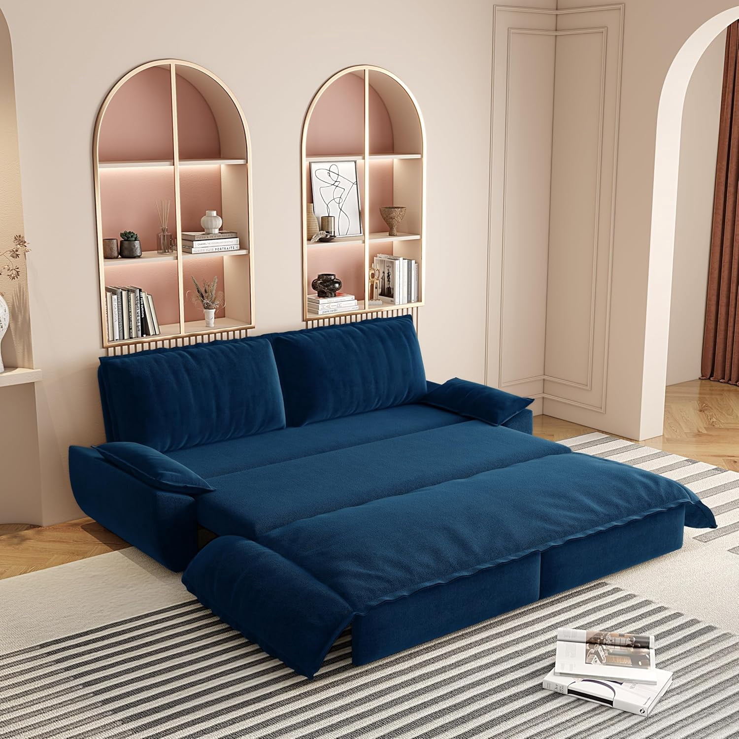 73.2" Futon Sofa Bed Queen Size, Pull Out Bed, 3-in-1 Convertible Sleeper Sofa with 2 Soft Pillows, Modern Velvet Futon Couch for Living Room, Small Space, Apartment, Bedroom, Blue