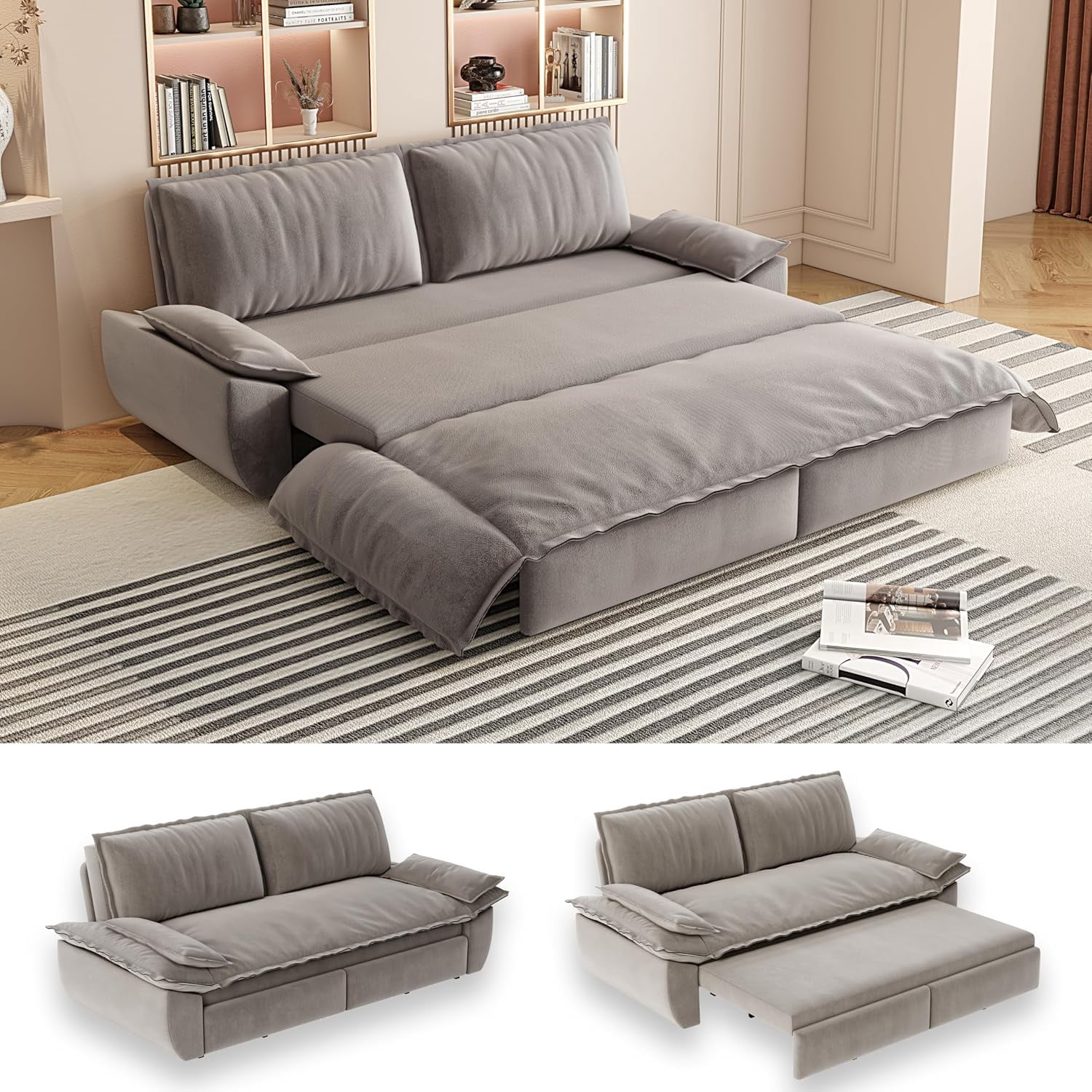 73.2" Futon Sofa Bed Queen Size, Pull Out Bed, 3-in-1 Convertible Sleeper Sofa with 2 Soft Pillows, Modern Velvet Futon Couch for Living Room, Small Space, Apartment, Bedroom, Grey