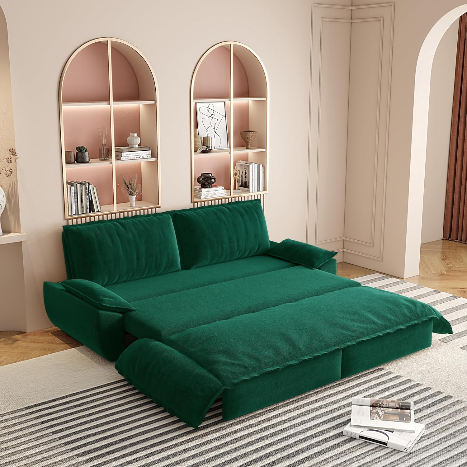 73.2" Futon Sofa Bed Queen Size, Pull Out Bed, 3-in-1 Convertible Sleeper Sofa with 2 Soft Pillows, Modern Velvet Futon Couch for Living Room, Small Space, Apartment, Bedroom, Green