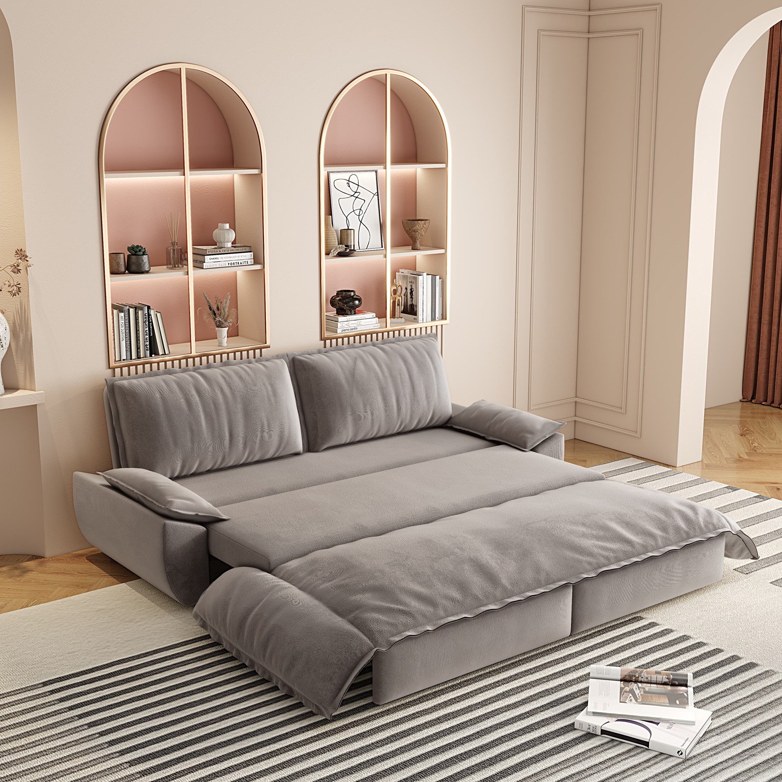73.2" Futon Sofa Bed Queen Size, Pull Out Bed, 3-in-1 Convertible Sleeper Sofa with 2 Soft Pillows, Modern Velvet Futon Couch for Living Room, Small Space, Apartment, Bedroom,Grey