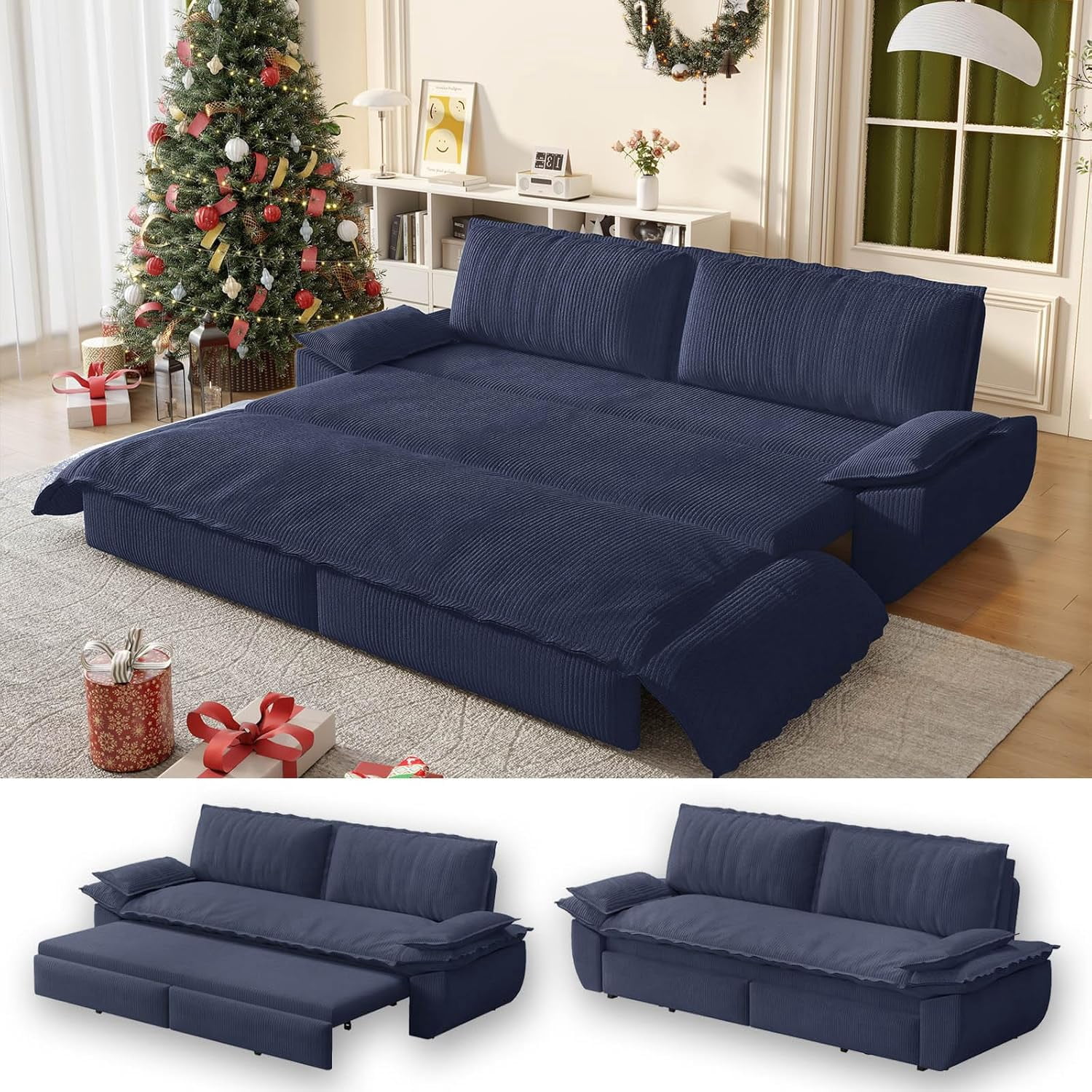 73.2" Futon Sofa Bed Queen Size, Pull Out Bed, 3-in-1 Convertible Sleeper Sofa with Cushion Armrest, Modern Corduroy Futon Couch for Living Room, Small Space, Apartment, Bedroom, Blue