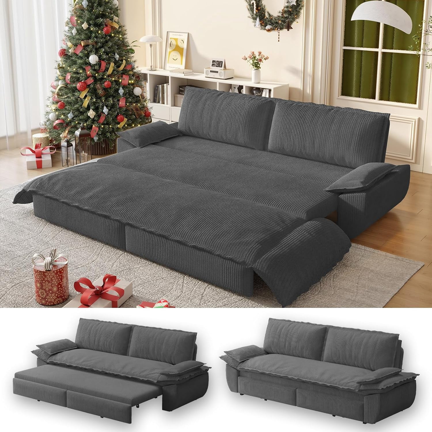 73.2" Futon Sofa Bed Queen Size, Pull Out Bed, 3-in-1 Convertible Sleeper Sofa with Cushion Armrest, Modern Corduroy Futon Couch for Living Room, Small Space, Apartment, Bedroom, Grey