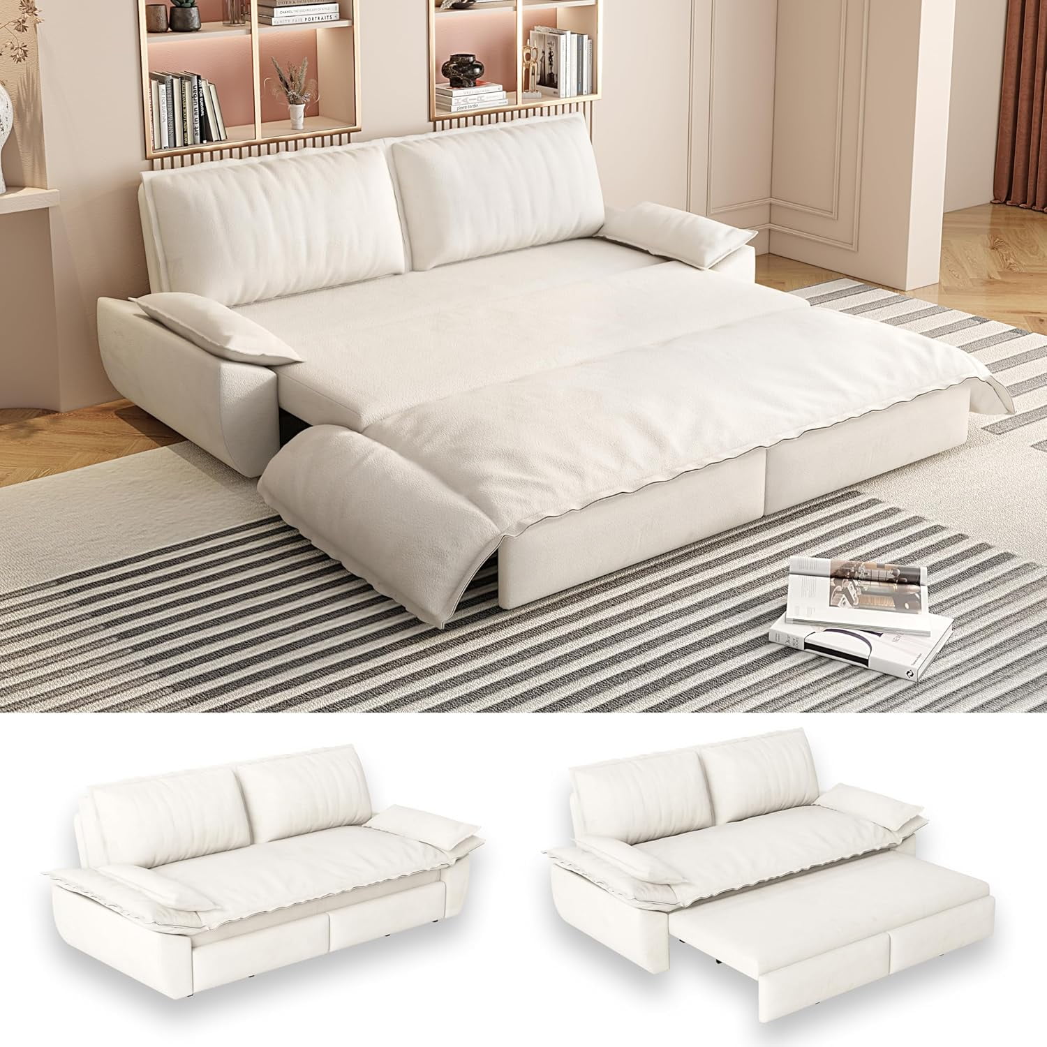 73.2" Futon Sofa Bed Queen Size, Pull Out Bed, 3-in-1 Convertible Sleeper Sofa with Cushion Armrest, Modern Velvet Futon Couch for Living Room, Small Space, Apartment, Bedroom, Beige