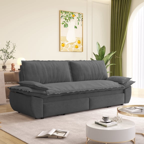 73.2 Inch Queen Size Pull-Out 3-in-1 Convertible Sleeper Sofa Bed with Two Soft Pillows,Multifunctional Corduroy Double Sofa Bed for Living Room,Bedroom and More,Grey