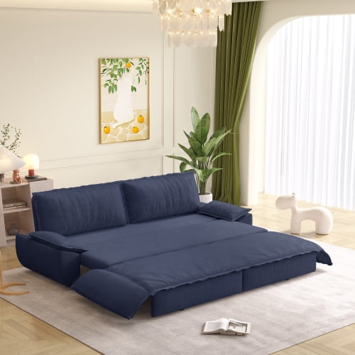 73.2" Queen Pull Out Sofa Bed, 3-in-1 Convertible Sleeper Sofa, Multi-Functional Corduroy Loveseat Couch with Pull-Out Bed, Blue