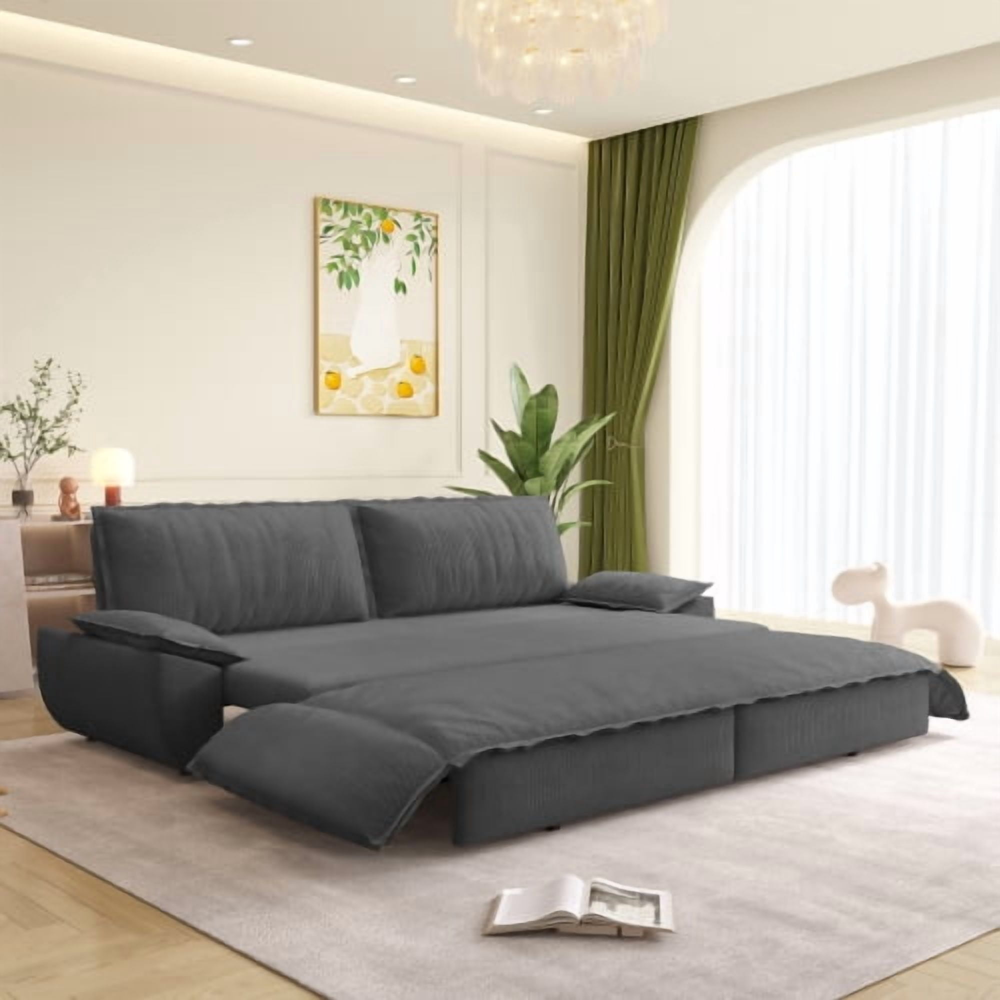 73.2" Queen Pull Out Sofa Bed, 3-in-1 Convertible Sleeper Sofa, Multi-Functional Corduroy Loveseat Couch with Pull-Out Bed, Grey