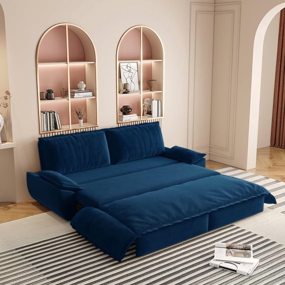 73.2"Queen Pull Out Sofa Bed,3-in-1 Convertible Sleeper Sofa,Multi-Functional Velvet Loveseat Bed,Blue