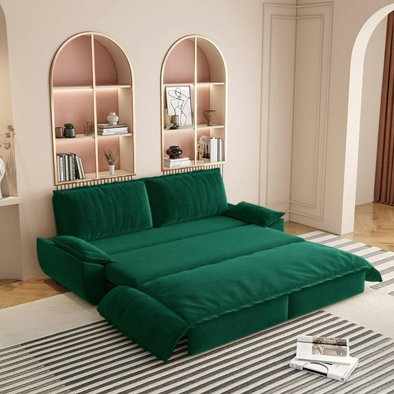 [Luckynote]73.2" Queen Pull Out Sofa Bed,3-in-1 Convertible Sleeper Sofa,Multi-Functional Velvet Loveseat Bed,Green