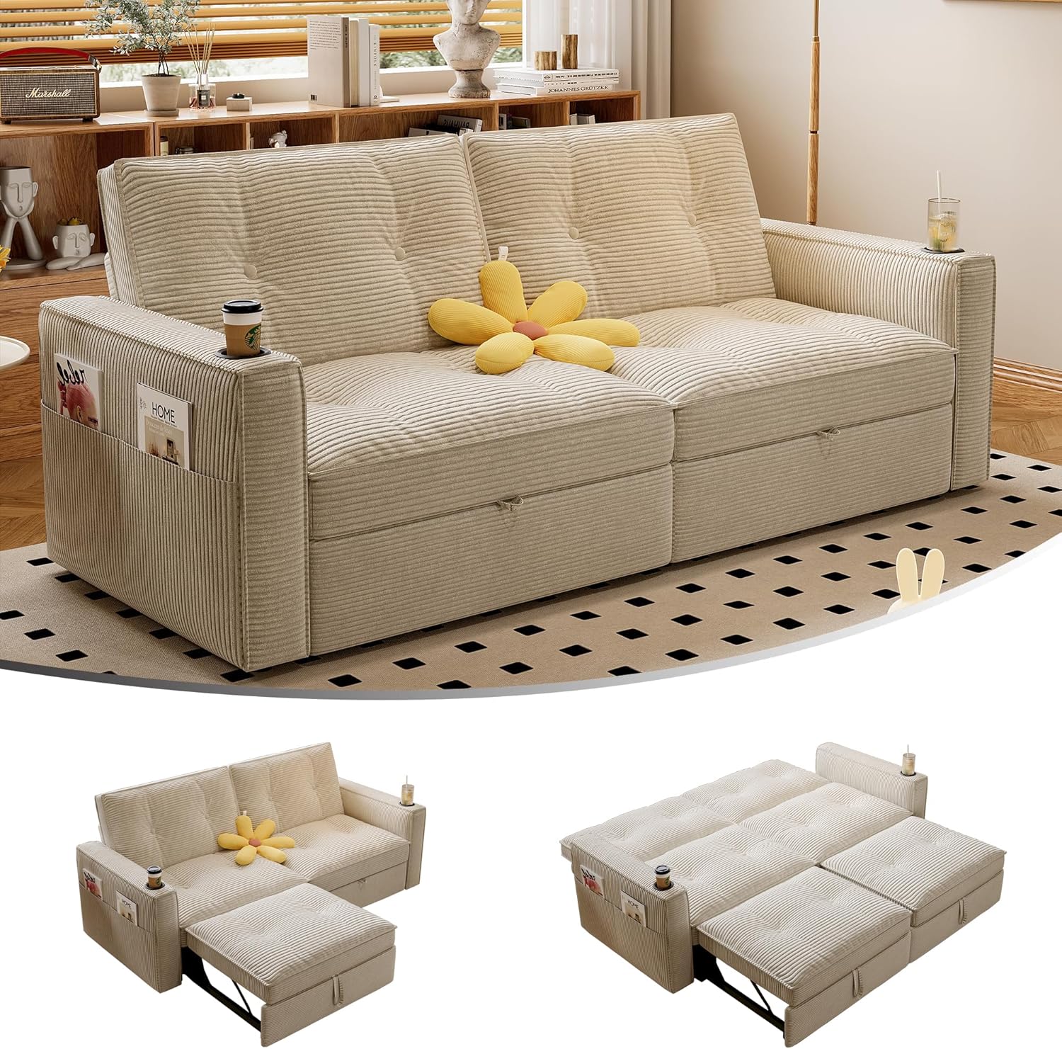 73.2'' Sleeper Sofa Bed Full, Corduroy Pull Out Couch, Modern L Shaped Convertible Sofa, Futon Couches, Comfy Loveseat, Adjustable Backrest & Side Pockets, for Small Space, Living Room, Beige