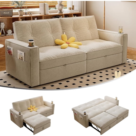73.2'' Sleeper Sofa Bed Full, Corduroy Pull Out Couch, Modern L Shaped Convertible Sofa, Futon Couches, Comfy Loveseat, Adjustable Backrest & Side Pockets, for Small Space, Living Room, Beige