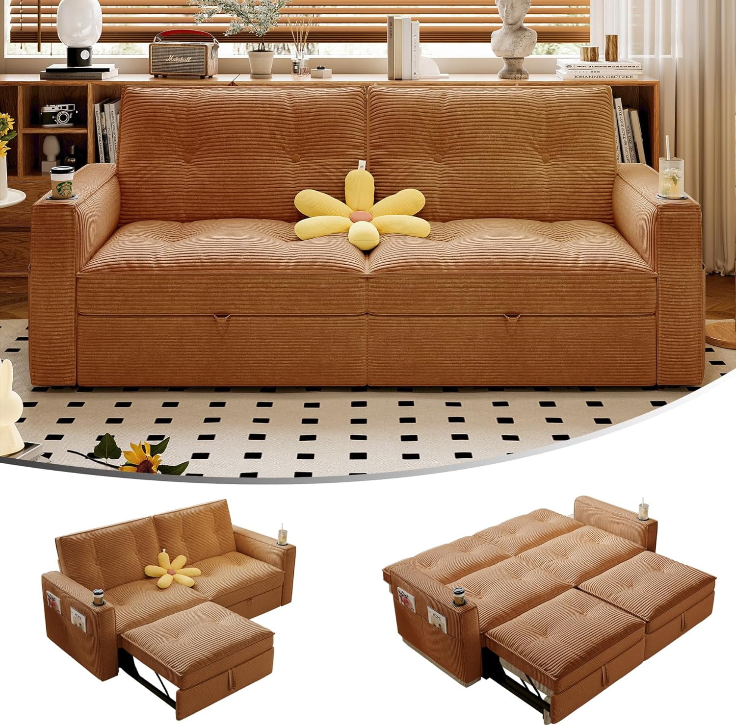 73.2'' Sleeper Sofa Bed Full, Corduroy Pull Out Couch, Modern L Shaped Convertible Sofa, Futon Couches, Comfy Loveseat, Adjustable Backrest & Side Pockets, for Small Space, Living Room, Orange