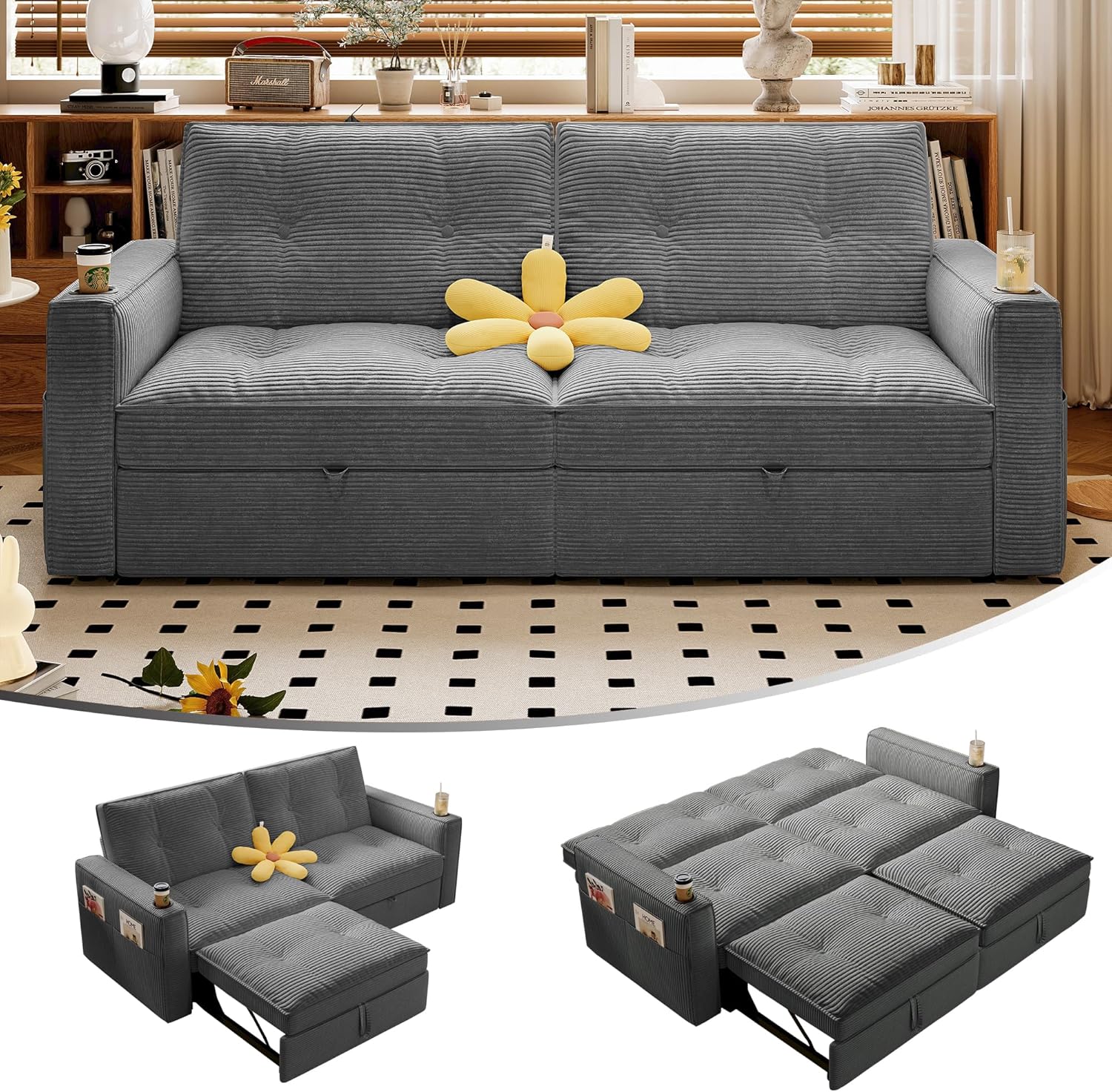 73.2'' Sleeper Sofa Bed Full, Corduroy Pull Out Couch, Modern L Shaped Convertible Sofa, Futon Couches, Comfy Loveseat, Adjustable Backrest & Side Pockets, for Small Space, Living Room, Gray
