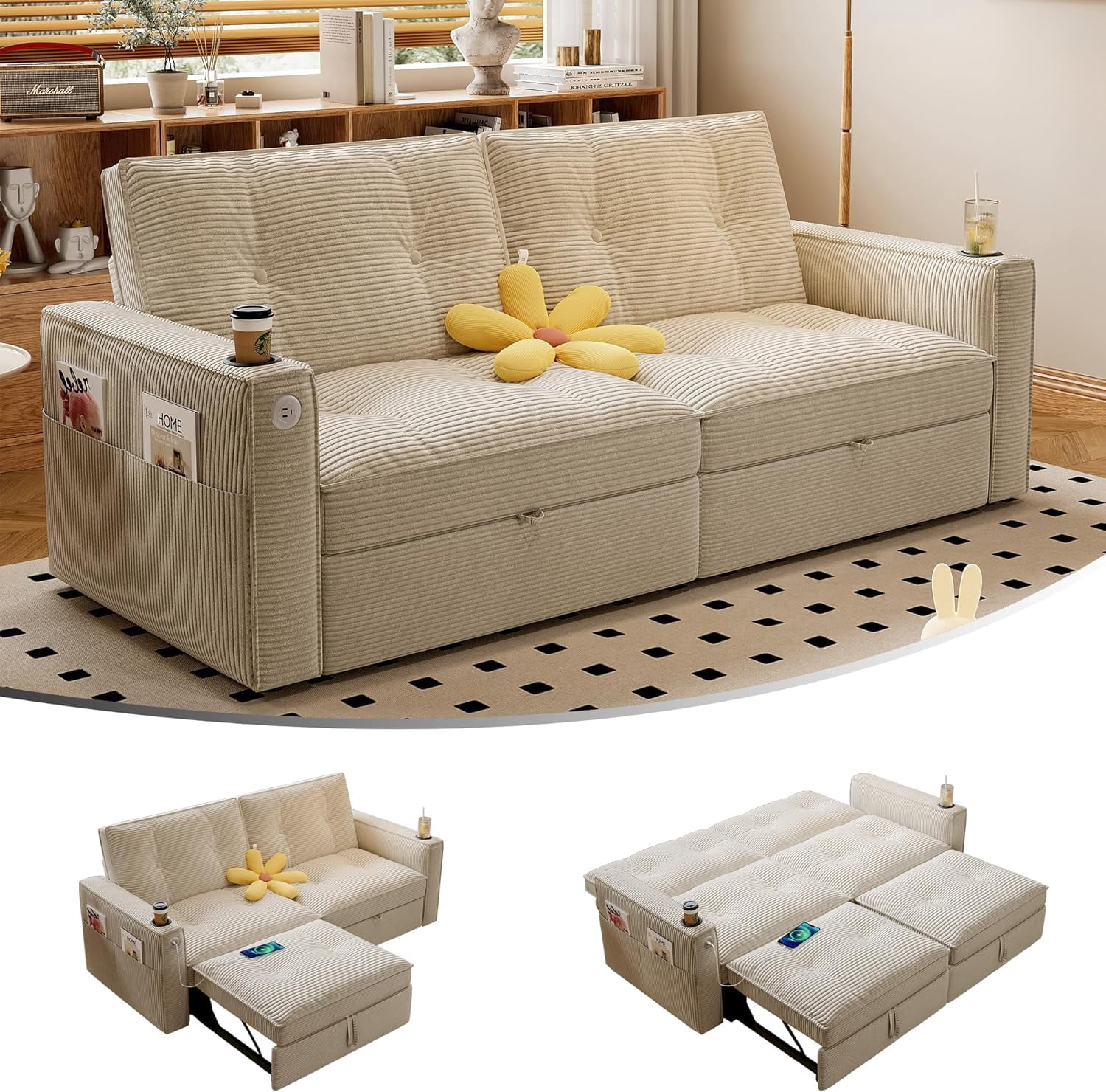 73.2'' Sleeper Sofa Bed Full Size, Corduroy Futon Couches, Convertible Pull Out Couch, 5min Assembly, Adjustable Backrest, USB, Pocket, Modern Loveseat for Small Space, Living Room, Beige