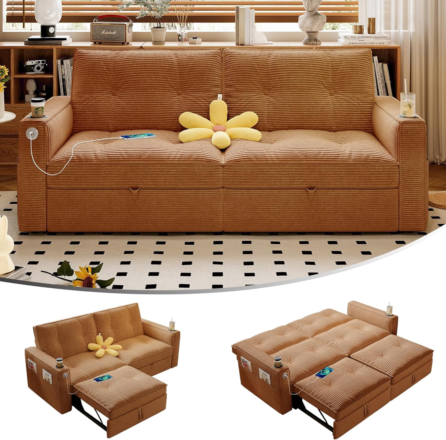 73.2'' Sleeper Sofa Bed Full Size, Corduroy Futon Couches, Convertible Pull Out Couch, 5min Assembly, Adjustable Backrest, USB, Pocket, Modern Loveseat for Small Space, Living Room, Orange