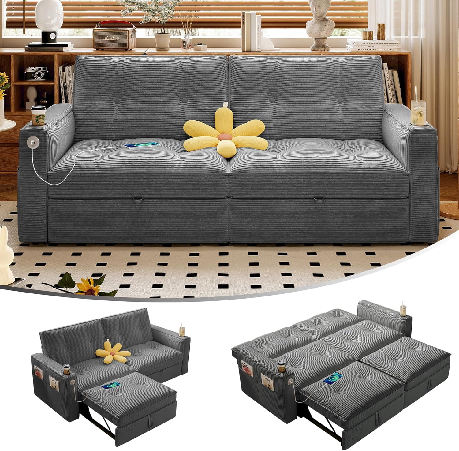 73.2'' Sleeper Sofa Bed Full Size, Corduroy Futon Couches, Convertible Pull Out Couch, 5min Assembly, Adjustable Backrest, USB, Pocket, Modern Loveseat for Small Space, Living Room, Gray