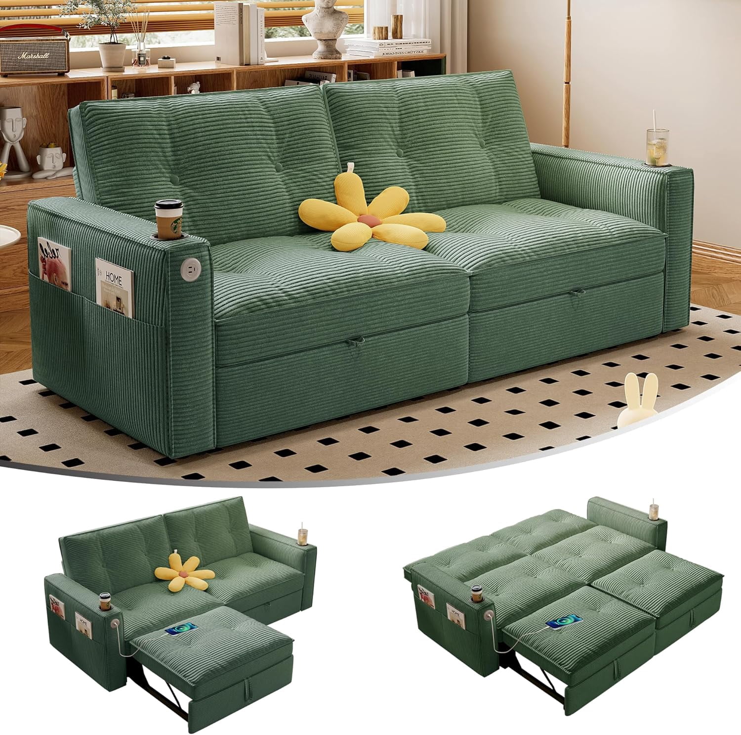 73.2'' Sleeper Sofa Bed Full Size, Corduroy Futon Couches, Convertible Pull Out Couch, 5min Assembly, Adjustable Backrest, USB, Pocket, Modern Loveseat for Small Space, Living Room, Green