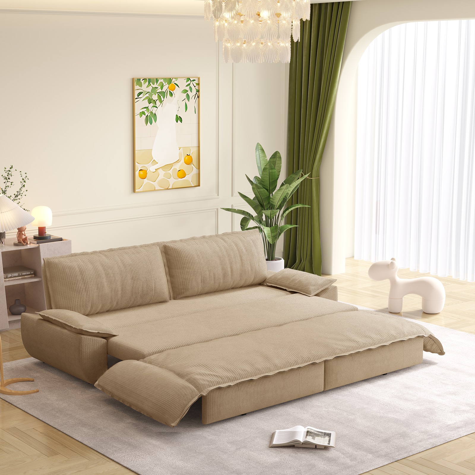 73.2" Sleeper Sofa Bed Queen, 3-in-1 Convertible Couch, Modern Pull Out Couches, Comfy Corduroy Futon Sofa, Cloud Loveseat Lounge, Pillow Arm for Small Spaces, Living Room, Apartment, Camel