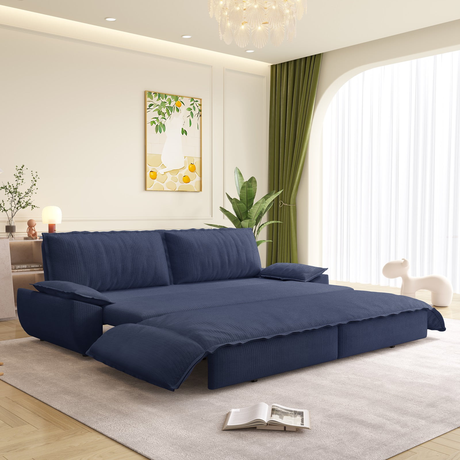 73.2" Sleeper Sofa Bed Queen, 3-in-1 Convertible Couch, Modern Pull Out Couches, Comfy Corduroy Futon Sofa, Cloud Loveseat Lounge, Pillow Arm for Small Spaces, Living Room, Apartment,Dark Blue