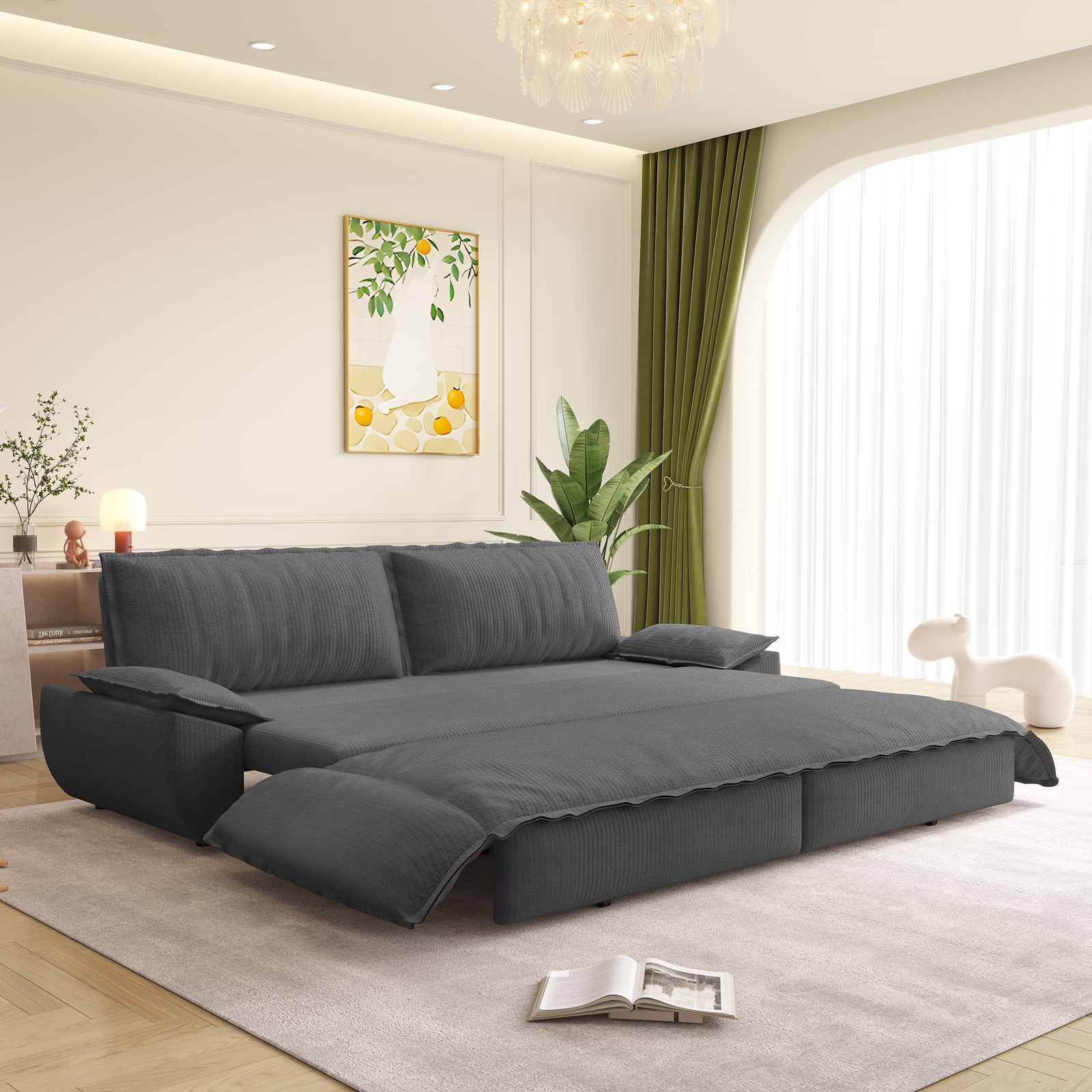 73.2" Sleeper Sofa Bed Queen, 3-in-1 Convertible Couch, Modern Pull Out Couches, Comfy Corduroy Futon Sofa, Cloud Loveseat Lounge, Pillow Arm for Small Spaces, Living Room, Apartment,Dark Grey