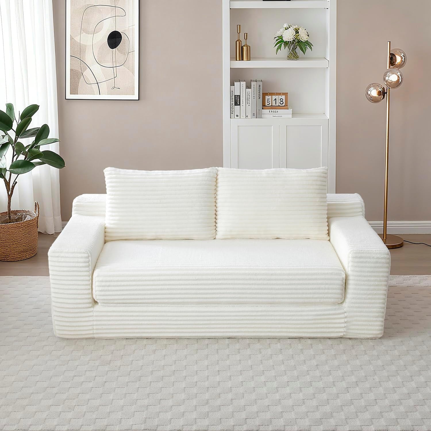 73" 2-in-1 Convertible Sofa Bed, Memory Foam Corduroy Loveseat, No Assembly, Beige