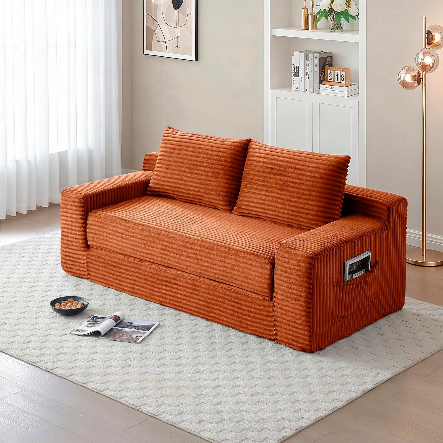 73" 2-in-1 Convertible Sofa Bed, Memory Foam Corduroy Loveseat, No Assembly, Orange