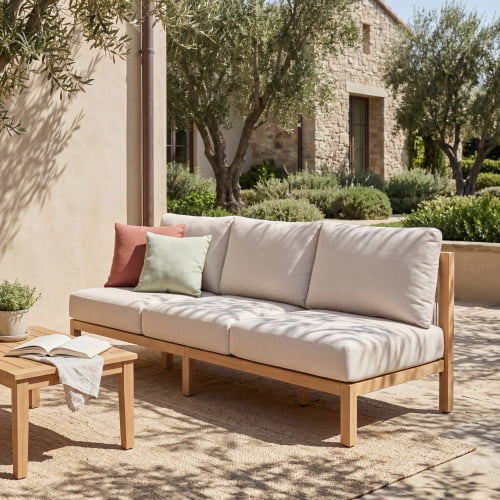 73.23" outdoor acacia wood frame, rope-braided backrest three-seater sofa (Light Teak+Beige Rope+Beige Cushion)