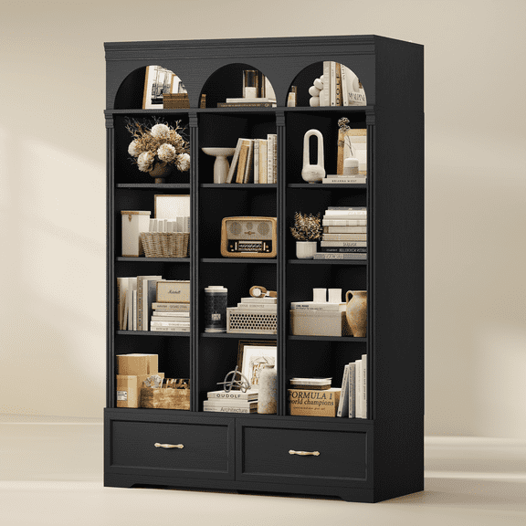 73.3" H Arched Bookshelf, 6-Tier Triple Wide Bookcase with 2 Drawers & 15 Open Storage Shelves (5 Adjustable), Modern Display Storage Cabinet for Living Room Home Office, Black, Weiplehoom