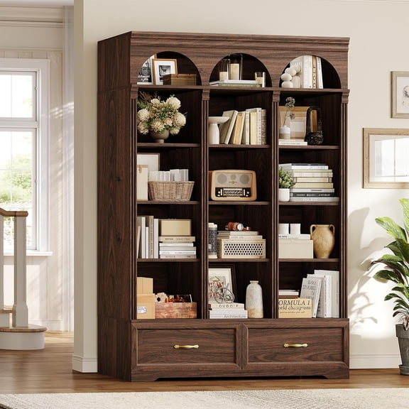 73.3" Triple Wide Bookshelf, 6-Tier Arched Bookcase with 2 Drawers & 5 Adjustable Shelves, Freestanding Storage Cabinet for Living Room Home Office, Walnut