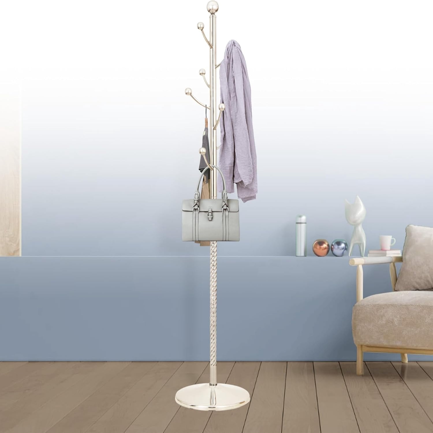 73" Wooden Coat Rack Stand With 14 Hooks - Freestanding Adjustable Height Hall Tree For Entryway (Red Sandalwood) - View #2