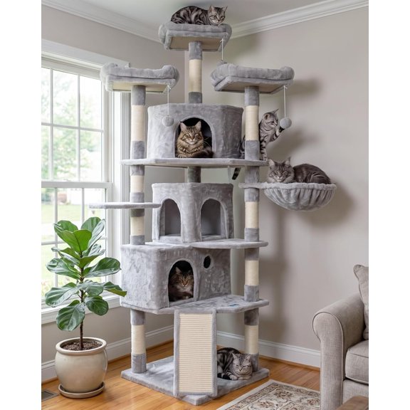 73.4 Inch Cat Tree Tower – Multi-Level Cat Activity Center with 3 Large Condos, 3 Cozy Perches, Scratching Posts & Board, Stable for Indoor Cats (Light Gray)