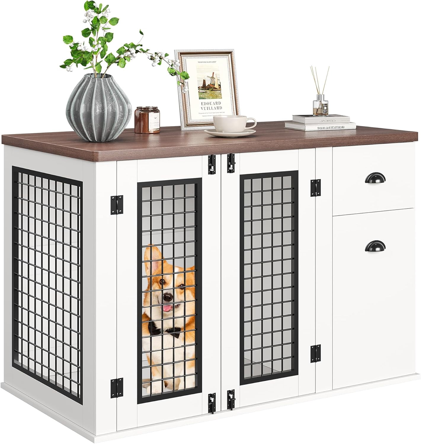 View of 73.5'' Dog Crate Furniture,White-Brown Wooden Dog Crate with Storage ...