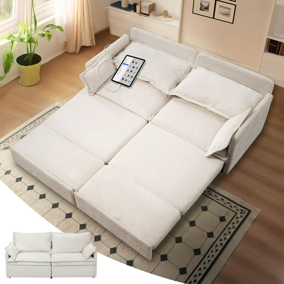 73.6" Corduroy Pull Out Sofa Bed with USB Charging, Side Storage, Convertible Sleeper, White