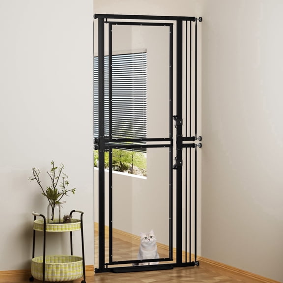 73.6" Extra Tall Cat Gate, Transparent Detachable into 2 Low Gates, 29.5–36" Width, Pressure Mounted, Full Door for Stairs, Kitchen, Studio, Black