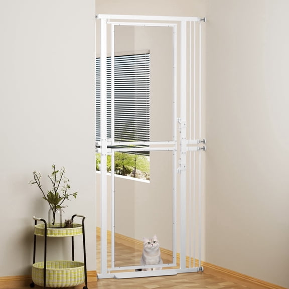 73.6" Extra Tall Cat Gate, Transparent Design Detachable into 2 Low Gates, 29.5–36" Width, Pressure Mounted, Full Door for Stairs, Kitchen, Studio, White