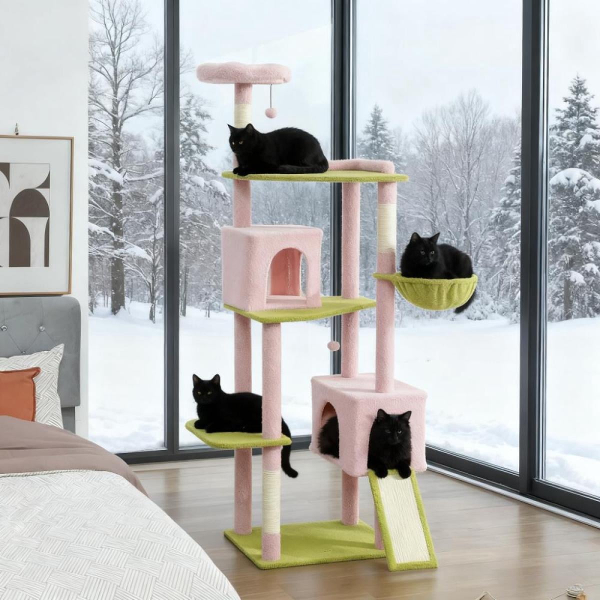 73.6" Flower Fantasy Cat Tree (23.2"W x 18.9"D) - Pink & Cream Design for 2-3 Cats, with Condos, Hammock, Sisal Scratching Posts & Anti-Tip Strap (Suitable for Cats Under 11 lbs)