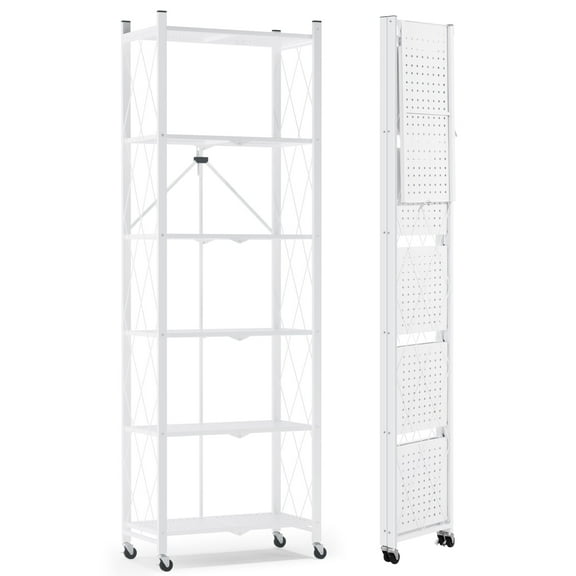 73.6" H Large Storage Shelves with Wheels, Bookshelf with Storage, No Assembly Metal Rack Shelf for Kitchen, Office, Laundry, Garage (6 Tier White)