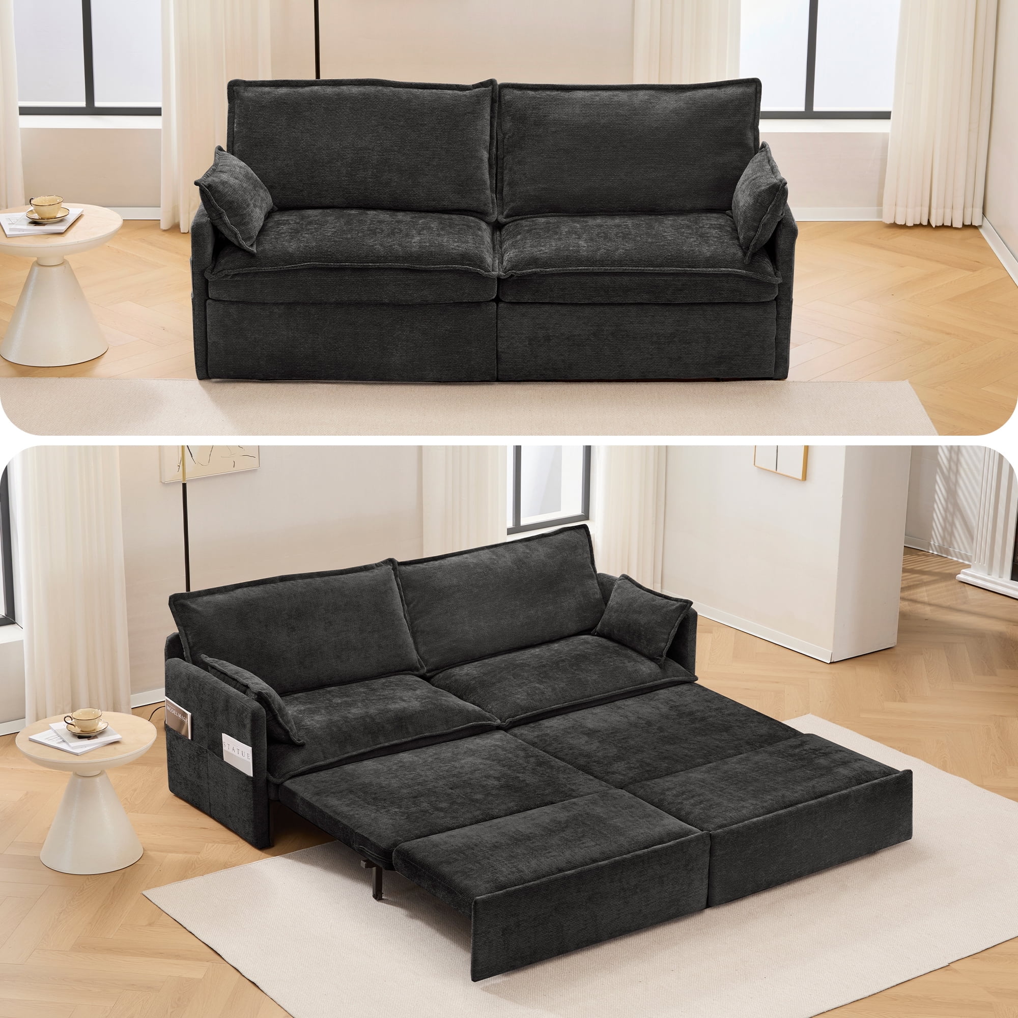 73.6'' Pull Out Sofa Bed, 3 in 1 Convertible Sleeper Loveseat Sofa, Pull Out Couch with USB Charging, Side Pockets for Living Room, Apartment, Small Spaces (Chenille, Black)
