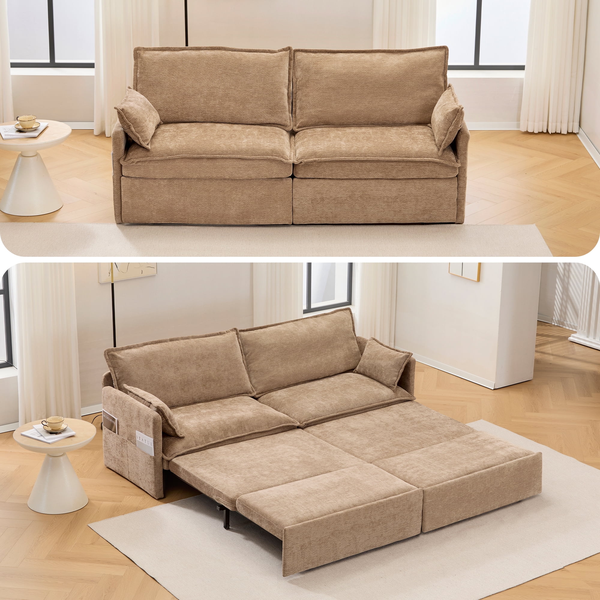 73.6'' Pull Out Sofa Bed, 3 in 1 Convertible Sleeper Loveseat Sofa, Pull Out Couch with USB Charging, Side Pockets for Living Room, Apartment, Small Spaces (Chenille, Khaki)