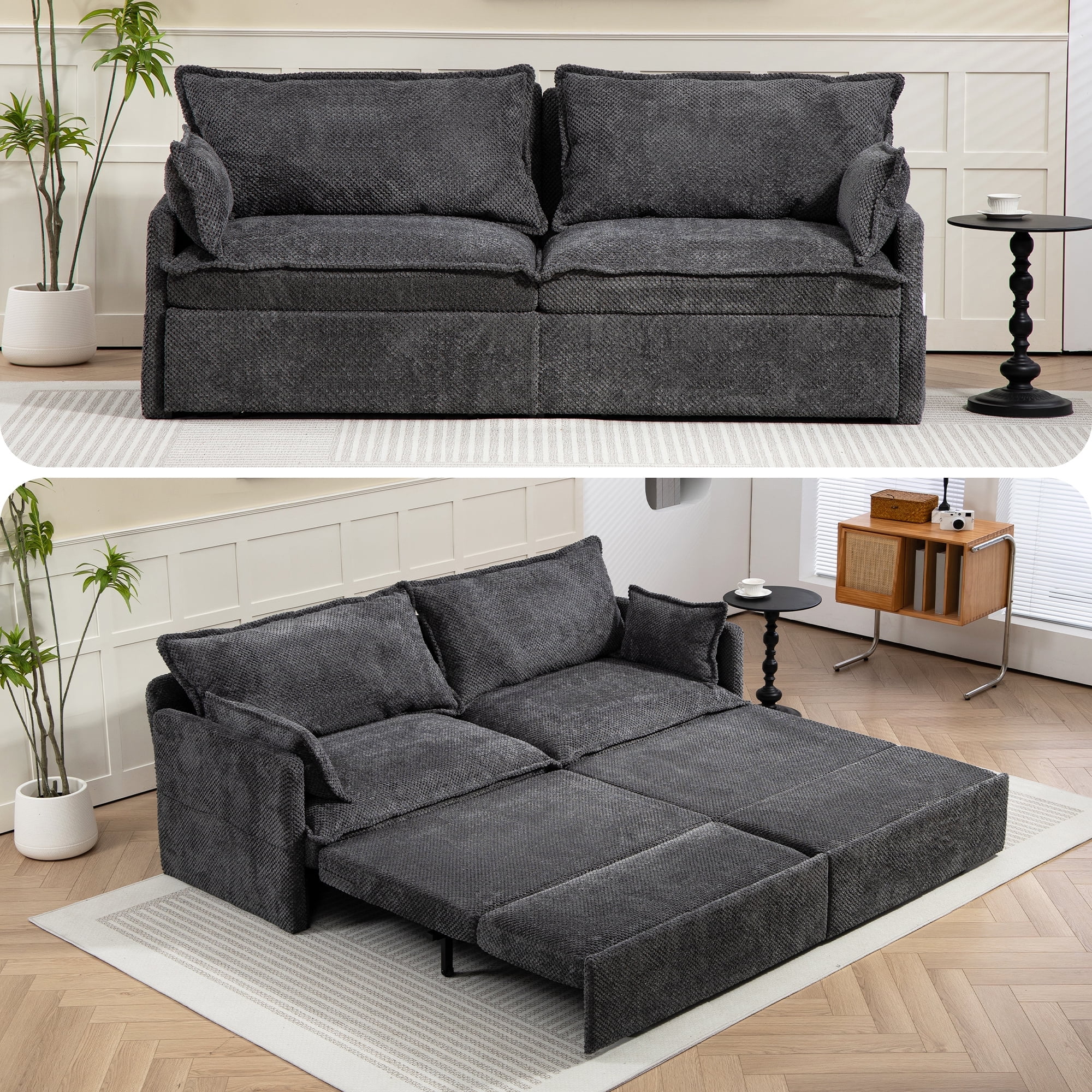 73.6'' Pull Out Sofa Bed, 3 in 1 Convertible Sleeper Loveseat Sofa, Pull Out Couch with USB Charging, Side Pockets for Living Room, Apartment, Small Spaces (Corduroy, Gray)