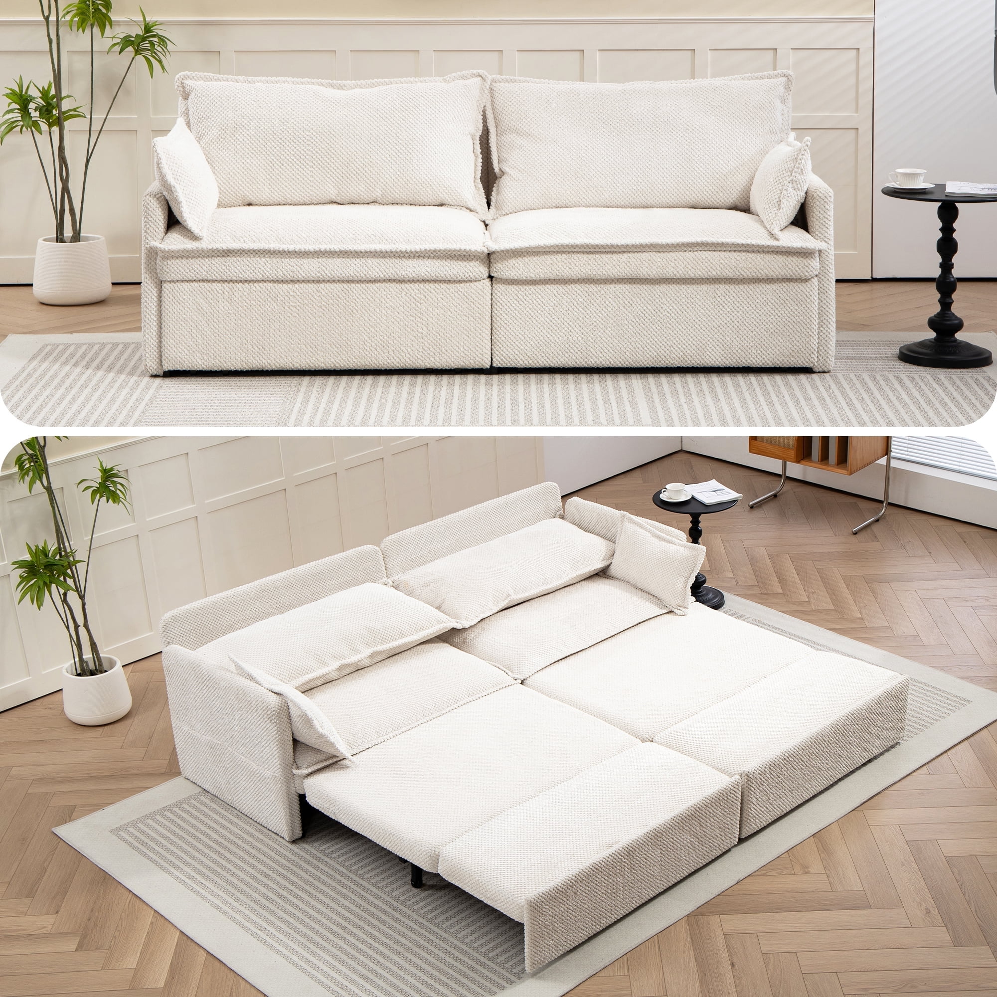 73.6'' Pull Out Sofa Bed, 3 in 1 Convertible Sleeper Loveseat Sofa, Pull Out Couch with USB Charging, Side Pockets for Living Room, Apartment, Small Spaces (Corduroy, White)