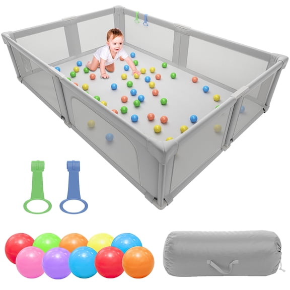 IDEALSOUL 73“×61” Baby Playpen with Mat, Extra Large Baby PlayYards,Child Play Yard with Breathable Mesh for Indoor&Outdoor, Light Gray