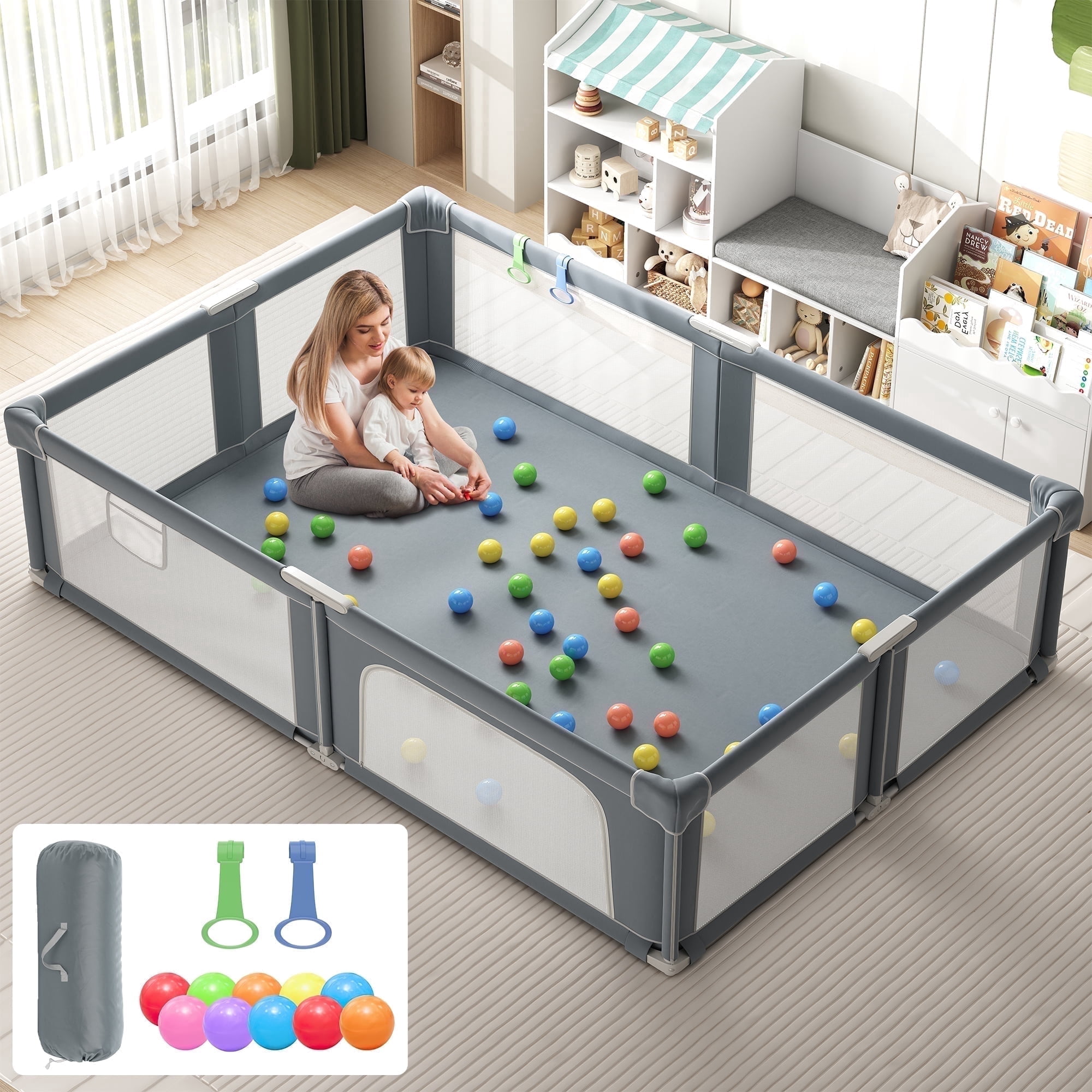 73“×61” Baby Playpen with Mat, Extra Large Baby PlayYards,Child Play Yard with Breathable Mesh for Indoor&Outdoor, Deep Gray